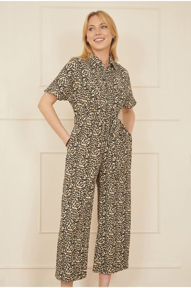 Yumi Brown Leopard Print Pleated Fabric Jumpsuit