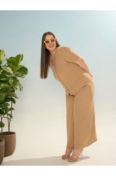 Plus Beige Solid Top and Trousers Co-Ords