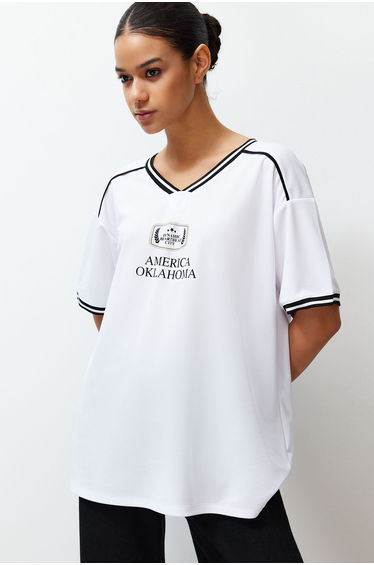White Motto Printed Oversize/Wide-Fit V-Neck Knitted T-Shirt