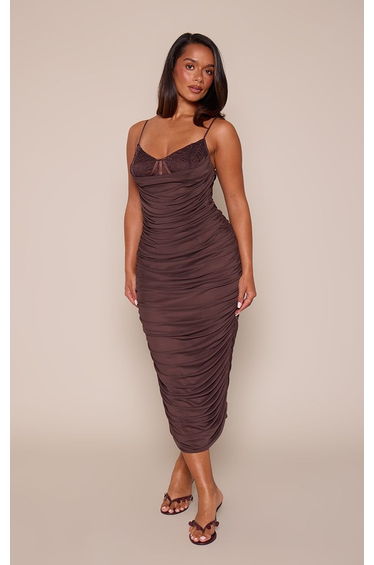 Shape Chocolate Lace Trim Ruched Mesh Mini Dress