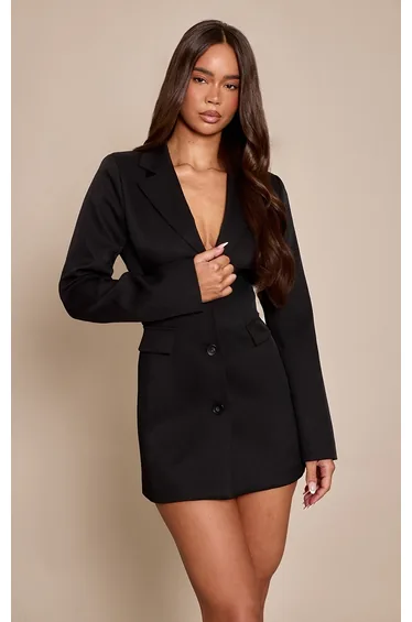 Black Tailored Woven Back Button Detail Blazer Dress