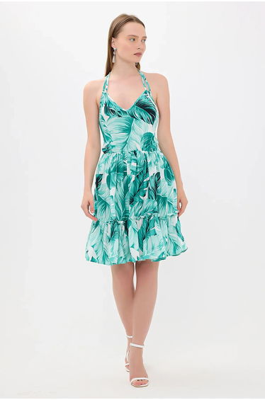 Floral V Neck Halter Tiered Mini Dress