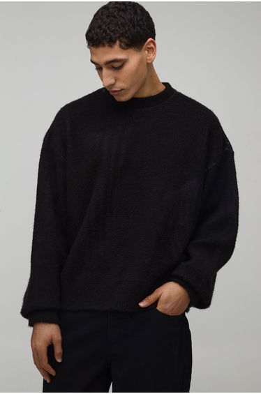 Oversized Boxy Brushed Jacquard Knitted Jumper - black