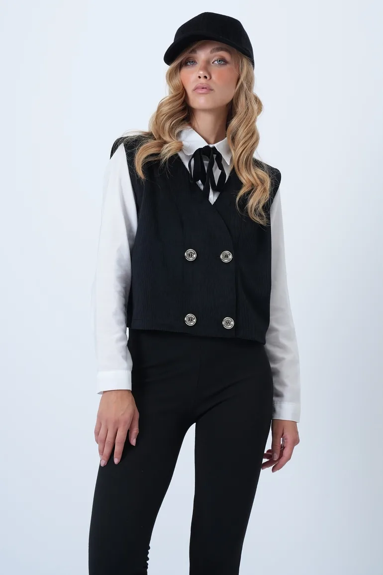 Women's Black Double-Breasted Collar Metal Buttoned Velvet Vest