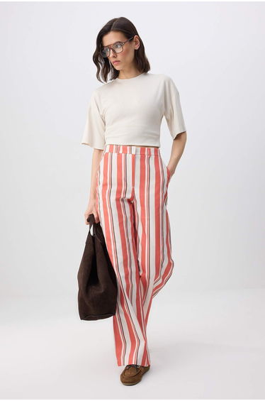 Red-Multicolored Gabardine Striped Patterned Wide Leg /Wide Leg Trousers