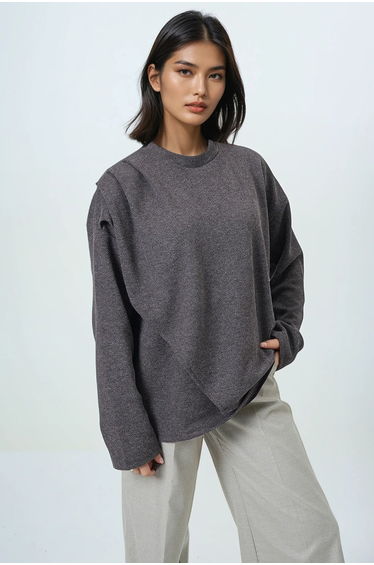 Women's brown crew neck wrap cut knit blouse