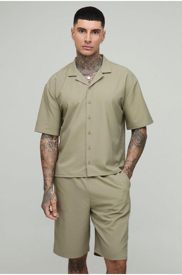 Tall Oversized Boxy Technical Stretch Revere Shirt & Comfort Short Set - taupe