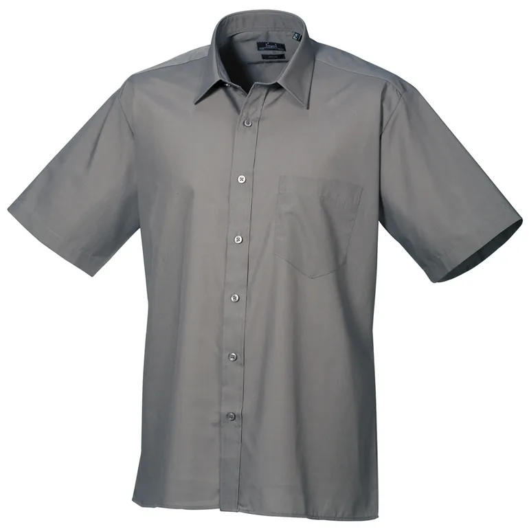 Premier Mens Short Sleeve Formal Poplin Plain Work Shirt - Dark Grey