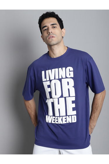 Men Navy Blue Oversized Slogan Print T-Shirt