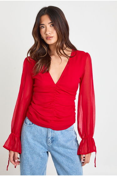 Chiffon Tie Cuff Blouse - red