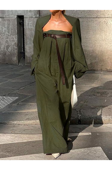 Buttoned Long Sleeves Collarless Outerwear Top + Wide Leg Belted Jumpsuits Two Pieces Set