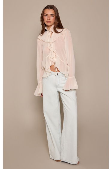 Butter Cream Chiffon Ruffle Tie Detail Blouse