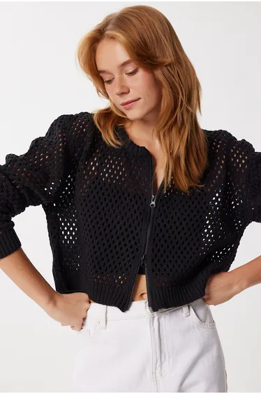 Women's Indigo Blue Openwork Seasonal Knitwear Cardigan