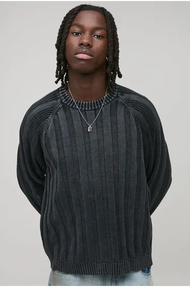 كنزة محبوكة مضلعة بتصميم واسع عريض - رمادي