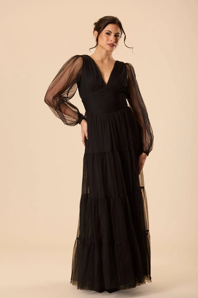 Bronte Tulle Long Sleeve Maxi Dress in Black