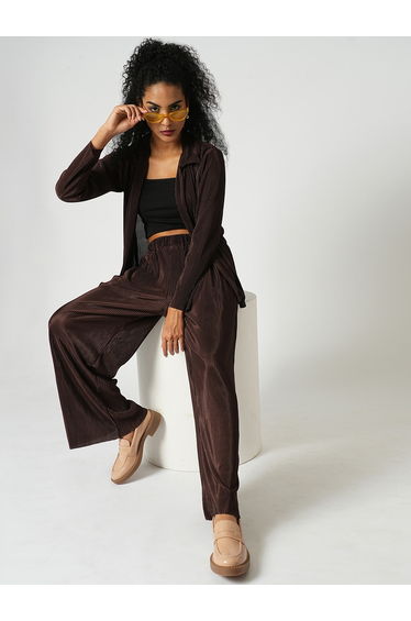 Textured Striped Long Sleeve Shirt and Wide Leg Trousers Co-Ords