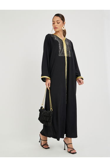Foil Print Yoke V Neck Jalabiya with Lace Detail