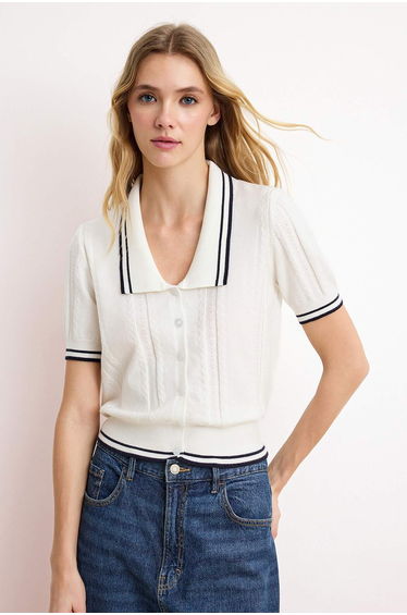 Ecru Wide Neckline Buttoned Short Sleeve Knitwear Blouse