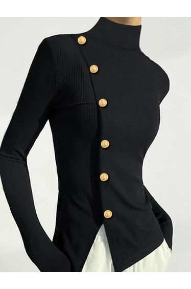 Long Sleeves Skinny Buttoned Solid Color High Neck Tops