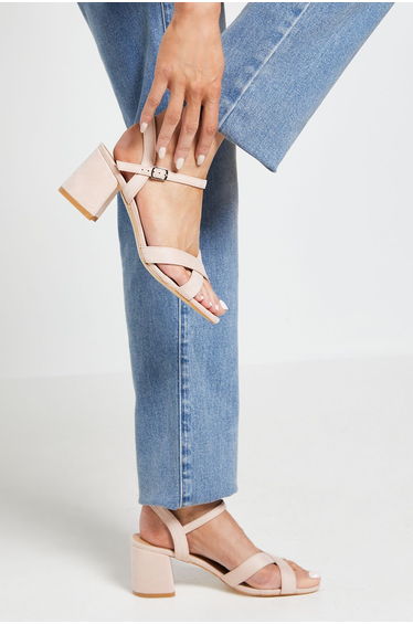 Wide Fit Samiyas Faux Suede Cross Strap Medium Block Heeled Sandals