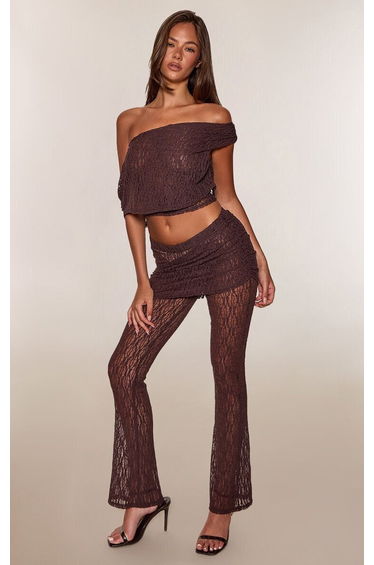 Brown Lace Asymmetric Drape Top Co-ord