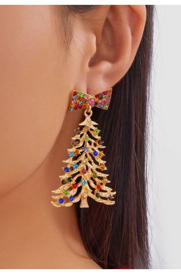 Rainbow Rhinestones Bow Christmas Tree Earrings