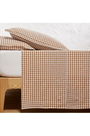 AcÃ©lie Bronze Gingham 100% Washed Linen Flat Sheet
