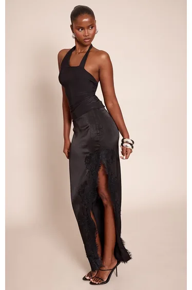 Black Satin Lace Side Split Maxi Skirt