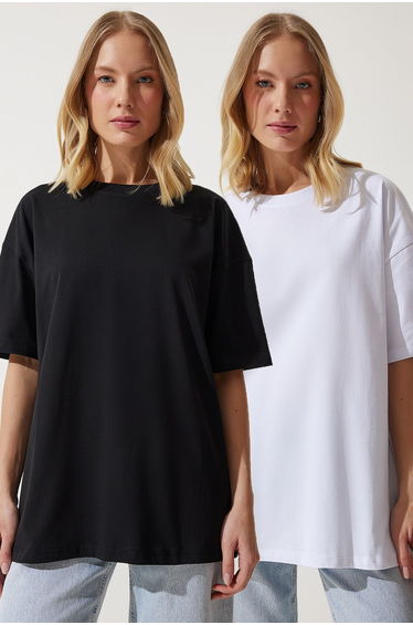 Women's Black and White 2-Piece Crew Neck Basic Oversize Knitted T-Shirt