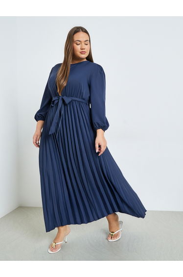 Plus Size Navy Blue Pleated Maxi Dress with Belt