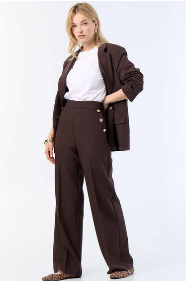 Wide-leg trousers with fancy gold buttons on the pockets BROWN