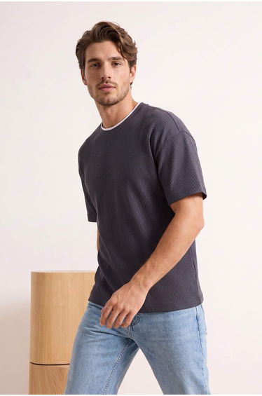 Gray Oversize/Wide Cut Ottoman Knitted T-Shirt
