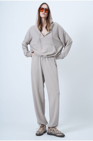 Women's Stone Hooded V-Neck Oversized Modal Sweatshirt and Pants Set