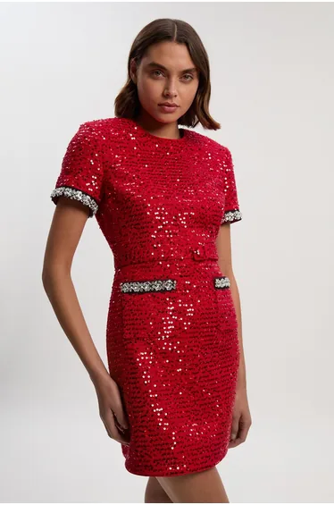 فستان قصير تويد بياقة بربطة بفيونكة مزين بالترتر