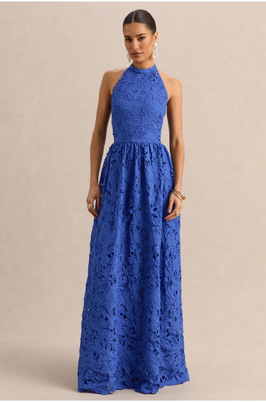 Indiana | Dark Blue Broderie Halter-Neck Maxi Dress