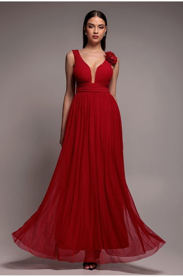 Goddiva Sleeveless Pleated Dobby Mesh Corsage Maxi Dress