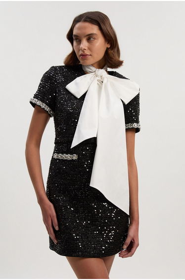 Tailored Sequin Tweed Tie Bow Neck Embellished Mini Dress