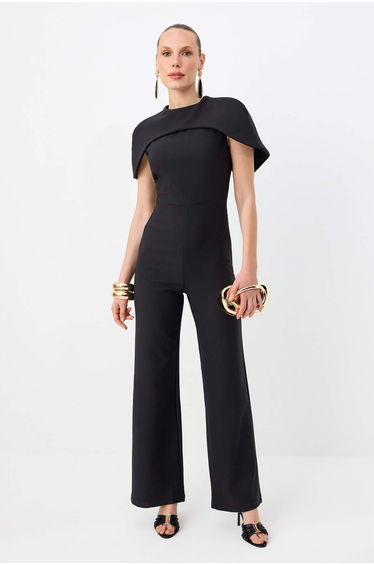 Black Plain Crew Neck Sleeveless Woven Finike Stylish/Night Jumpsuit