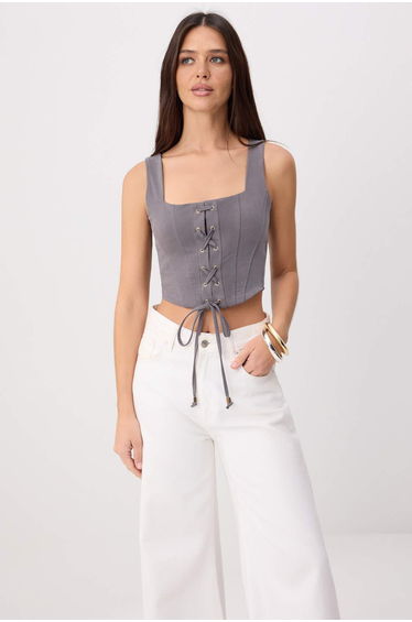 Anthracite Fitted Pool Collar Sleeveless Short Soft Touch Knitted Blouse