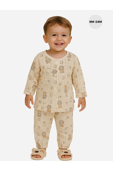 Baby Boys Bear Print Muslin Cotton Top and Pyjama Set