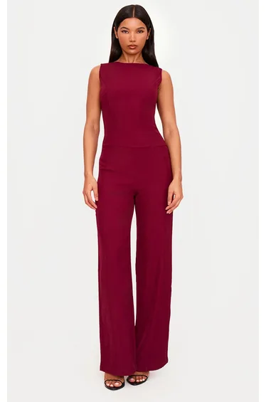 Burgundy Structured Woven Open Back Detail Straight Leg Jumpsuit