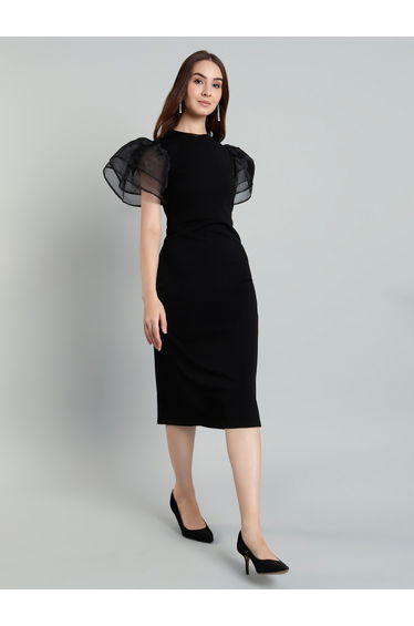 Black Sheath Midi Dress with Flutter Sleeves