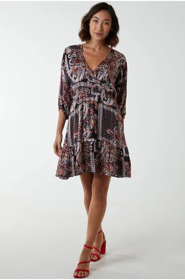 Paisley Wrap Front Pleated Kimono Sleeve Dress