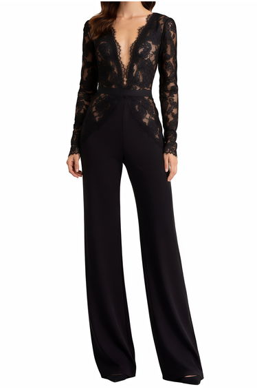 Zhadana Black Semi-Sheer Lace Panel Jumpsuit