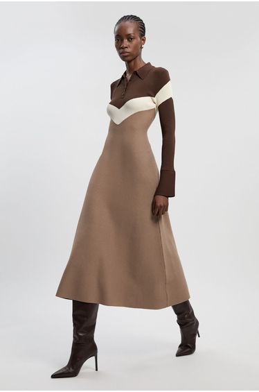 Viscose Blend Rib Knit Polo Top Maxi Dress