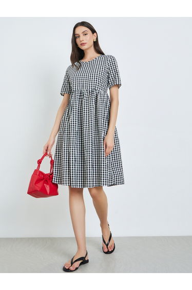 Black Gingham Check Midi Dress with Tie Back