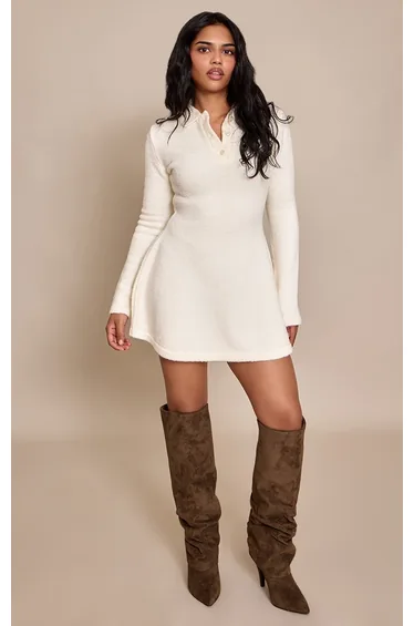Petite Cream Flippy Long Sleeve Knitted Mini Dress