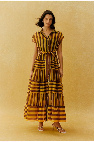 Retro Rendezvous Yellow Striped Cap Sleeve Maxi Dress