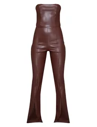 Chocolate PU Bandeau Split Hem Jumpsuit - 4