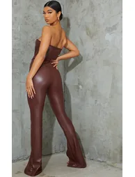 Chocolate PU Bandeau Split Hem Jumpsuit - 1